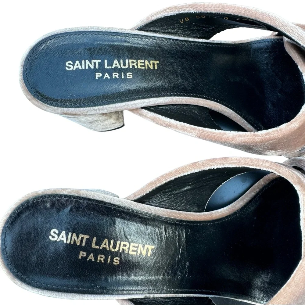 Saint Laurent Loulou Velvet Sandals Pink Crossover Strap Block Heel Mules Womens - Picture 15 of 17